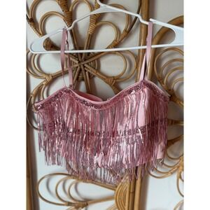 Mainstrip Pink Sequin Fringe Crop Top Bustier Festival Party L